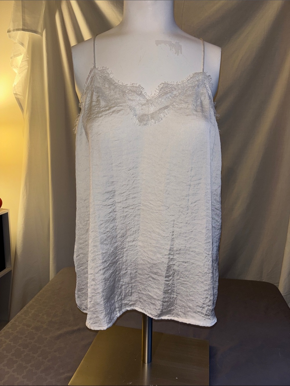 Delicate Lace Trim White Satin Cami